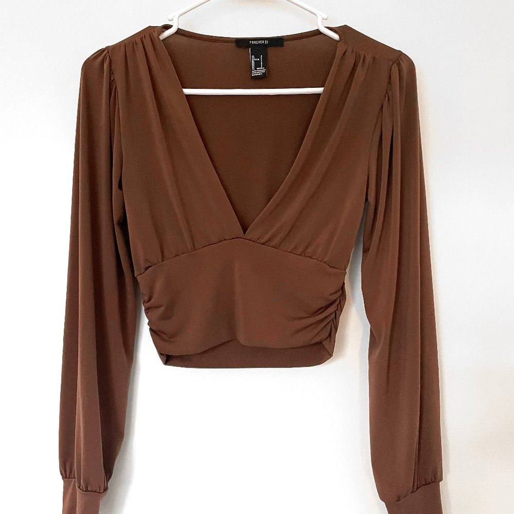 Brown deep V Long Sleeve Crop Top
